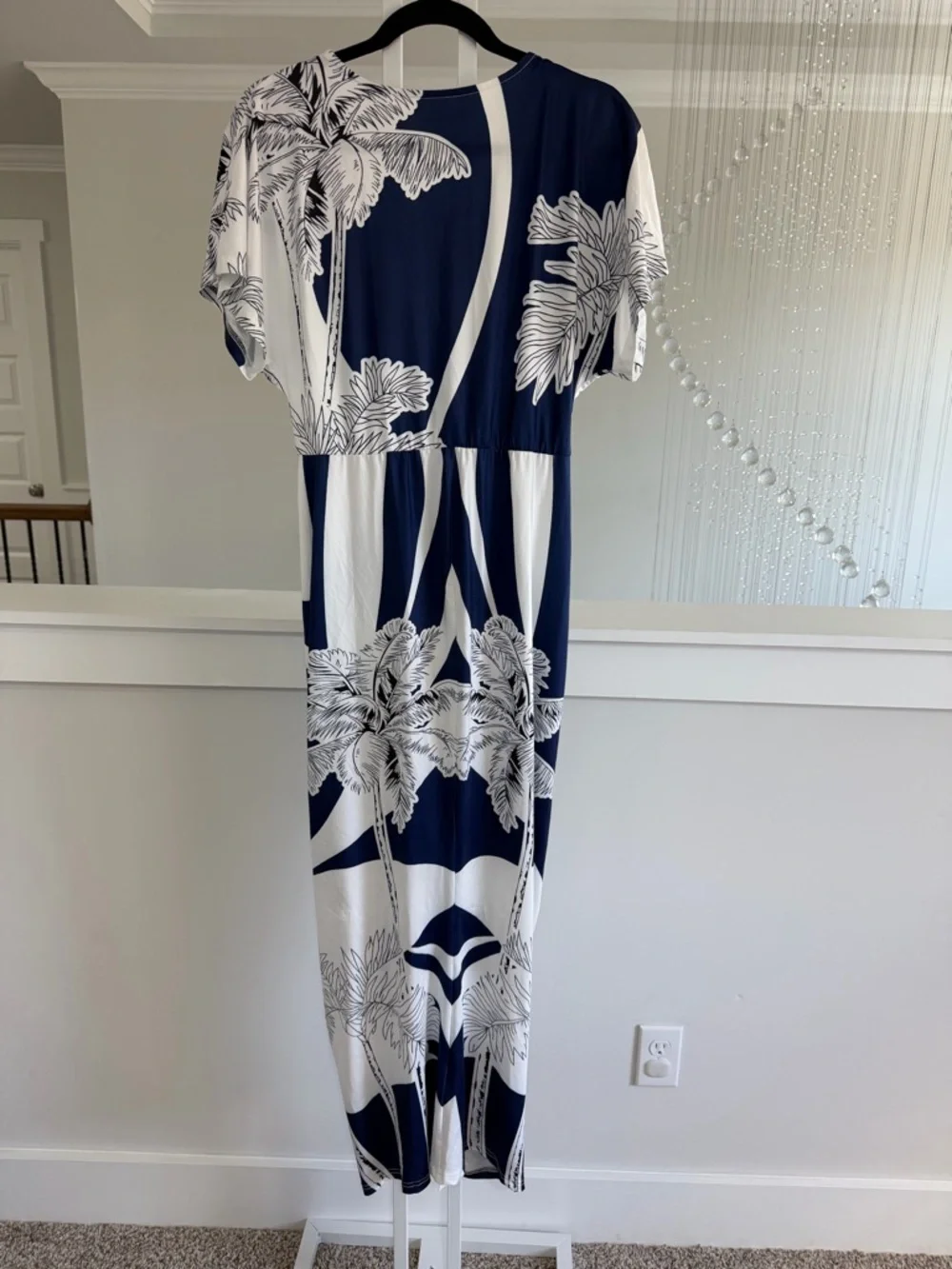 Commense Navy and White Tropical Print V Neck Ruched Dress - Picture 10 of 11